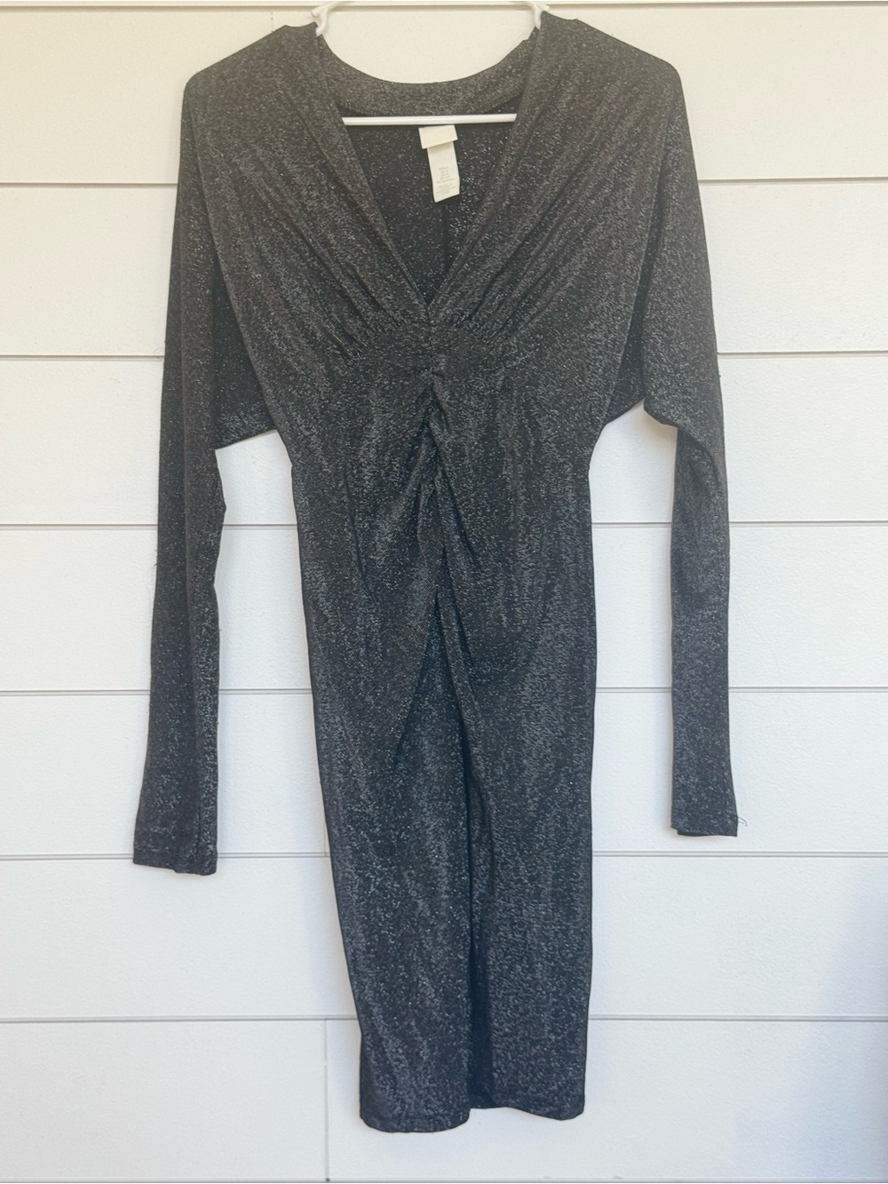 H&M Sparkle Black Long Sleeve Ruched Midi Dress